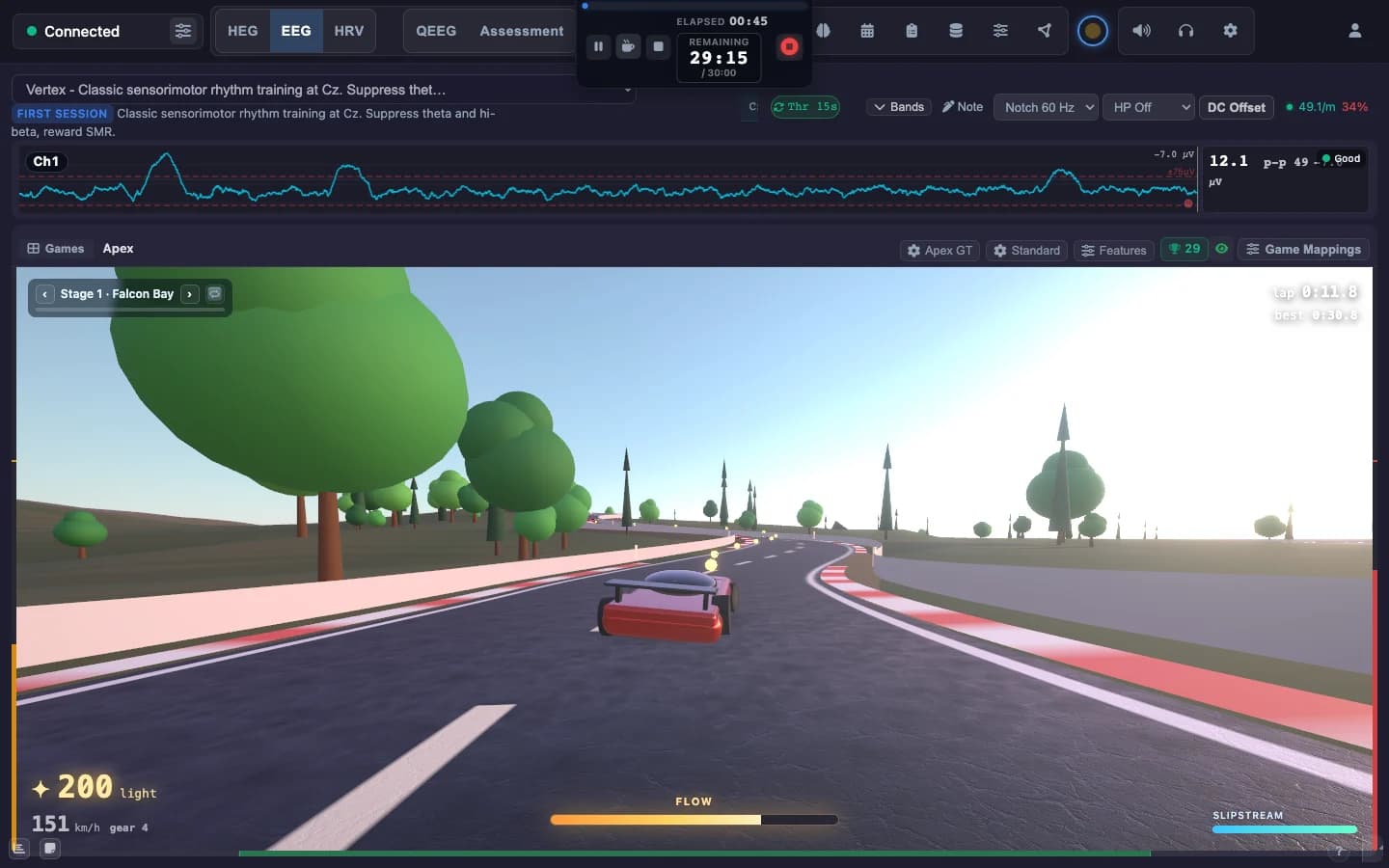 Nogn desktop neurofeedback session with a live brainwave trace and a feedback game